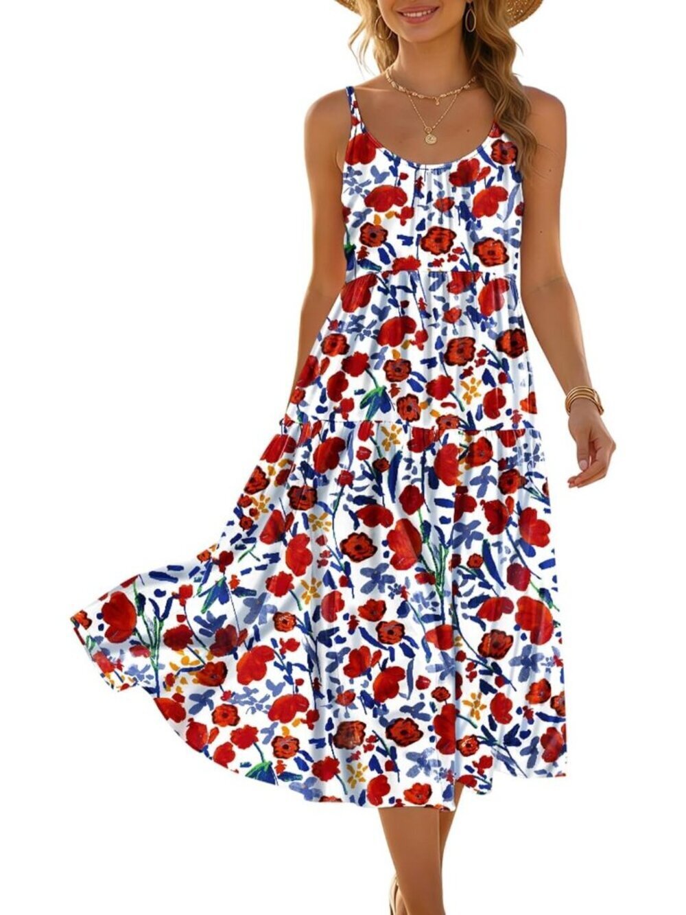 Women's Floral White Red Spaghetti Strap Sundress Boho Casual Flow Midi Dress